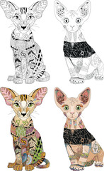 Set of stylized cats for coloring book. Hand Drawn lace vector illustration