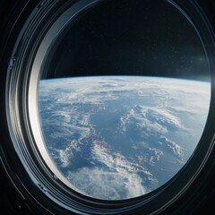 Planet earth seen from a spaceship window, showing city lights glowing brightly across clouds and oceans as it orbits, representing space exploration, travel, and our home world