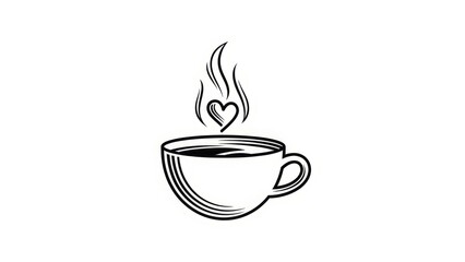 Steaming cup of coffee with a heart-shaped steam on a clean white background
