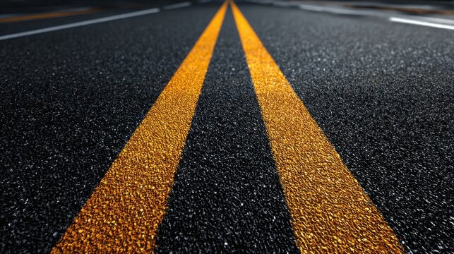 Close-Up View of Paved Asphalt Road Surface with Clear Markings in Dark Colors