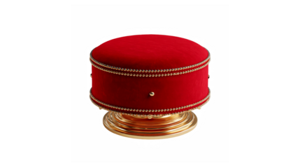 Elegant round red velvet ottoman with intricate gold studded detailing and a polished golden base
