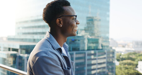 Thinking, employee and man with smile, city and screenwriter with ideas for career path or...