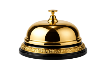 Polished gold reception bell with ornate black base for signaling service in luxury hotels and fine dining establishments or for various hospitality industry needs
