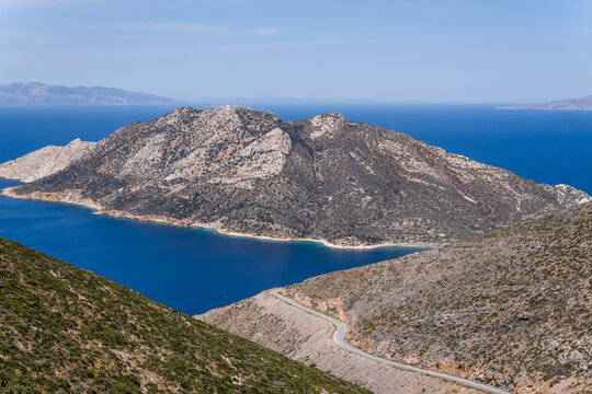 View of Nikouria Island from the Palia Strata hiking route in Amorgos, Cyclades, Greece
