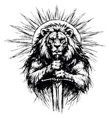 Obraz premium Hand drawn illustration of a mighty lion holding a sword with a halo depicting strength for spiritual concepts