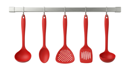 Red Kitchen Utensils Set Hanging on Rack, Cooking Tools Collection