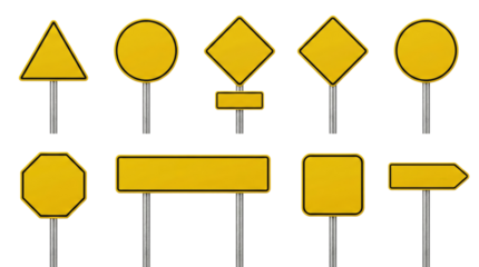 Collection of Blank Yellow Road Signs and Traffic Symbols Isolated on White Background