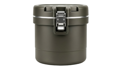 Durable olive green cylindrical food container with a secure silver metal latch, ideal for outdoor enthusiasts and daily meal prep, perfect for product photography or commercial use