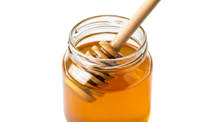 Golden natural sweet honey in a clear glass jar with a wooden dipper for serving, perfect for various culinary applications and healthy eating promotions