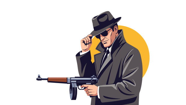 Vintage style illustration of a mafia gangster in a fedora and trench coat holding a drum magazine machine gun on white.