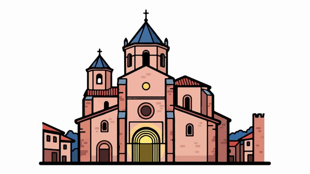 Stylized illustration of a grand pink church with blue roofs and a tall bell tower, set in a town