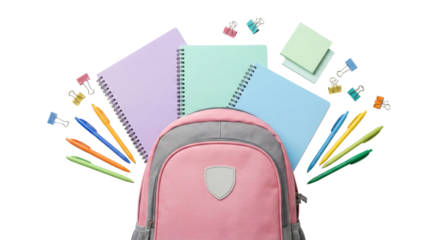 School Backpack with Stationery Supplies, Notebooks, Pens, and Clips on White Background