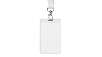 Blank white identification badge holder with a sturdy metal clip and a fabric lanyard perfect for corporate events, conferences, and security access control.