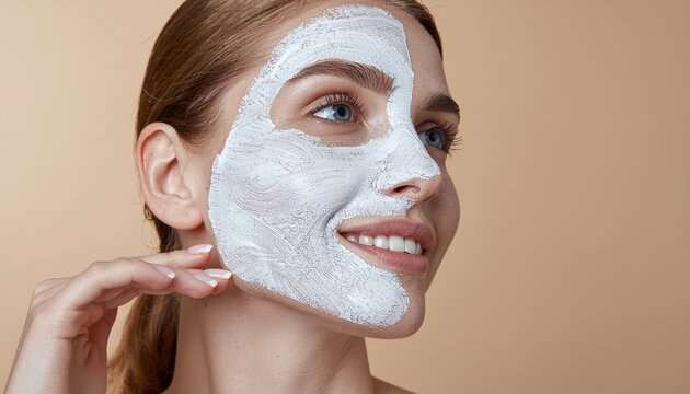 Retrato en primer plano de una mujer joven modelo con una piel saludable aplic&aacute;ndose una m&aacute;scara de crema rejuvenecedora