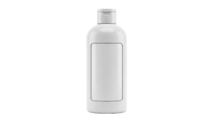 White plastic bottle with a blank label and fliptop cap ready for product branding and packaging design for various cosmetic or personal care liquids.
