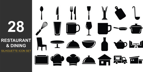 A comprehensive collection of 28 silhouette icons for restaurant and dining business