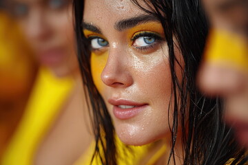 Woman with bright yellow face paint shows determination during outdoor event in warm weather