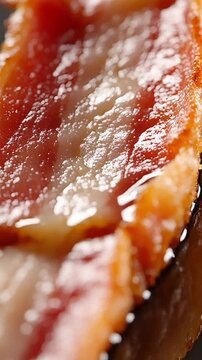 Close up of crispy fried bacon slice with glossy fat and meat texture
