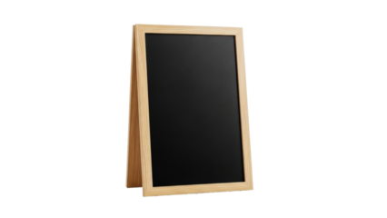 Portable light wooden Aframe standing signboard with blank black chalk surface ready for custom menu announcements or daily special advertising at a cafe or shop entrance