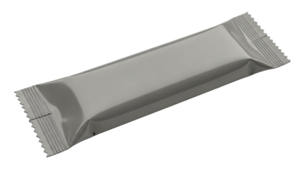 Sleek gray flexible packaging pouch with crimped ends perfect for showcasing food products, snack items, or confectionery branding mockups and marketing visuals.