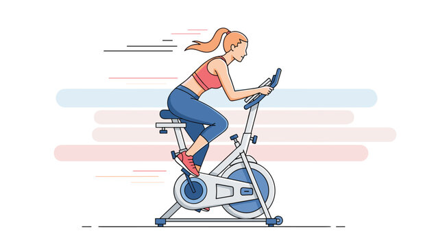Active woman exercises on a stationary bike with motion lines indicating speed and effort against a clean white background.