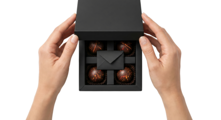 Hands opening a black gift box with gourmet chocolates inside, isolated on white background.