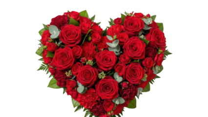Bright Red Roses and Carnations Heart Shaped Floral Arrangement Centerpiece isolated PNG with Transparent Background