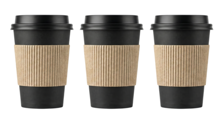 Three Black Coffee Cups with Cardboard Sleeves on White Background