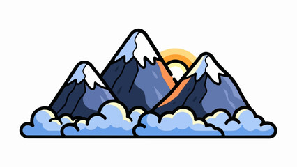 Stylized mountains with snow caps and clouds at sunset