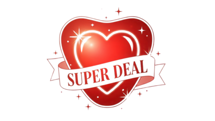 Glossy Red Heart Icon with Super Deal Text on Ribbon Banner Vector Illustration isolated PNG with Transparent Background