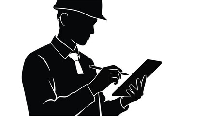 Businessman entrepreneur working on digital tablet computer in modern office setting with stylus pen professional silhouette