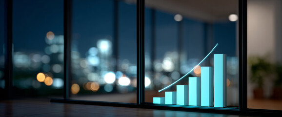 Glowing blue bar chart with upward trend line displayed on glass window overlooking blurred cityscape at night