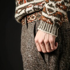 Masculine hand tucked inside brown tweed trouser pocket, complementing cozy knitted sweater with textured winter fabric and muted seasonal style
