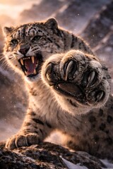 Naklejka premium Majestic Snow Leopard on Himalayan Cliff at Golden Hour