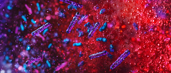 Vibrant microscopic view of bacteria cells in motion against red background