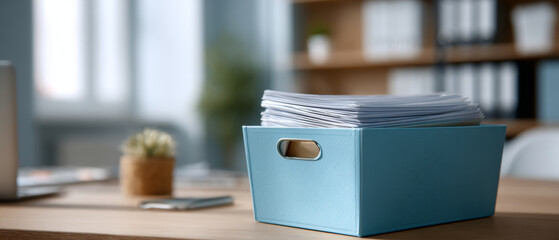 Blue storage box filled with stacked documents on wooden desk with blurred background