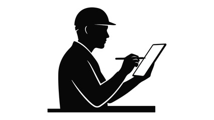 Black silhouette of a man in a cap working on a tablet computer with a stylus in a modern workspace setting