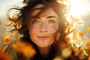 Woman with long hair smiling among flowers at sunset in a field