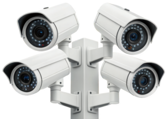 Sleek, modern white plastic security camera system with four individual dome-shaped cameras mounted on a central bracket, angled outwards for comprehensive, isolated on transparent background.