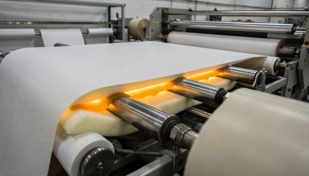 Medium shot capturing hotmelt lamination as molten adhesive bonds fabric to foam layers emphasizing continuous rolltoroll manufacturing efficiency and material integration.
