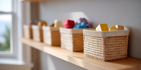 Row of woven storage baskets on wooden shelf filled with colorful wooden blocks in bright room with window light