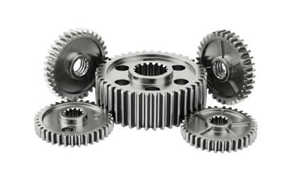 Interlocking Metal Gears of Various Sizes and Shapes isolated on a transparent background