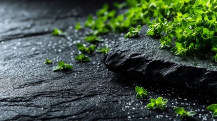 Fresh Green Herbs on Dark Slate Surface with Rock and Sea Salt Enhancing Culinary Presentation and Kitchen Preparations for Food Photography