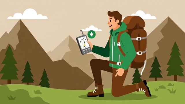 Man Navigating Mountain Trails Using Modern Technology For Outdoor Exploration Animation