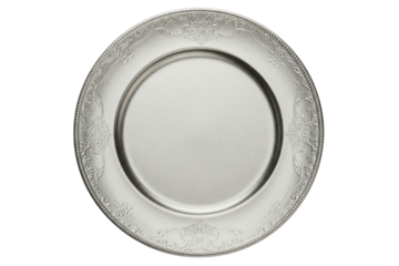 Silver ornate charger plate with decorative floral pattern isolated on a transparent background