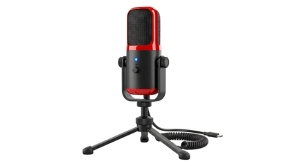 Red and black U S B microphone on a stand with a coiled cord isolated on a transparent background