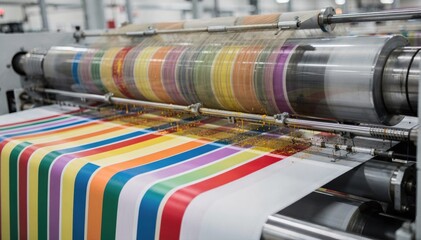 Medium shot showcasing dynamic rotary screen fabric printing with bold evenly spaced stripes emphasizing the precision and speed of the rotating screens.