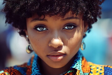 Youthful girl with curly hair looks directly at the camera wearing colorful African print shirt in a lively outdoor setting