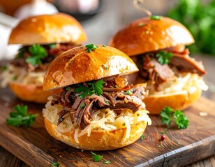 Delicious Pulled Pork Sliders on a Wooden Board.