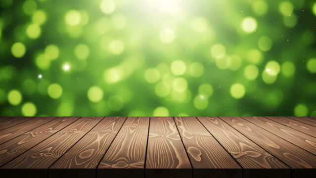 St patrick's day green bokeh background with wooden floor lucky irish celebration